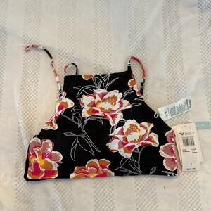 nwt roxy full coverage black floral bathing suit top size small